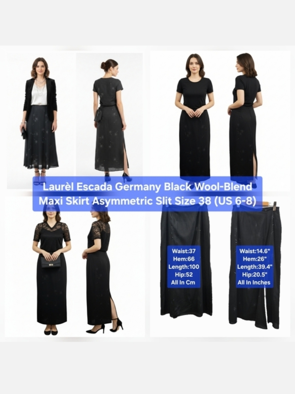 Laurèl Escada Black Wool-Blend Maxi Skirt Asymmetric Slit Size 38 (US 6-8)